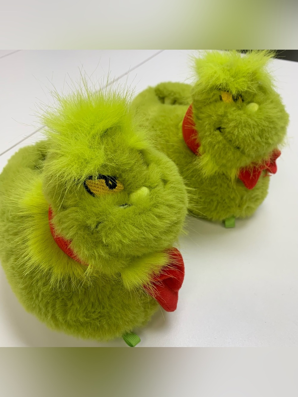 Kids Fluffy Green Grinch Slippers with Red Bow
